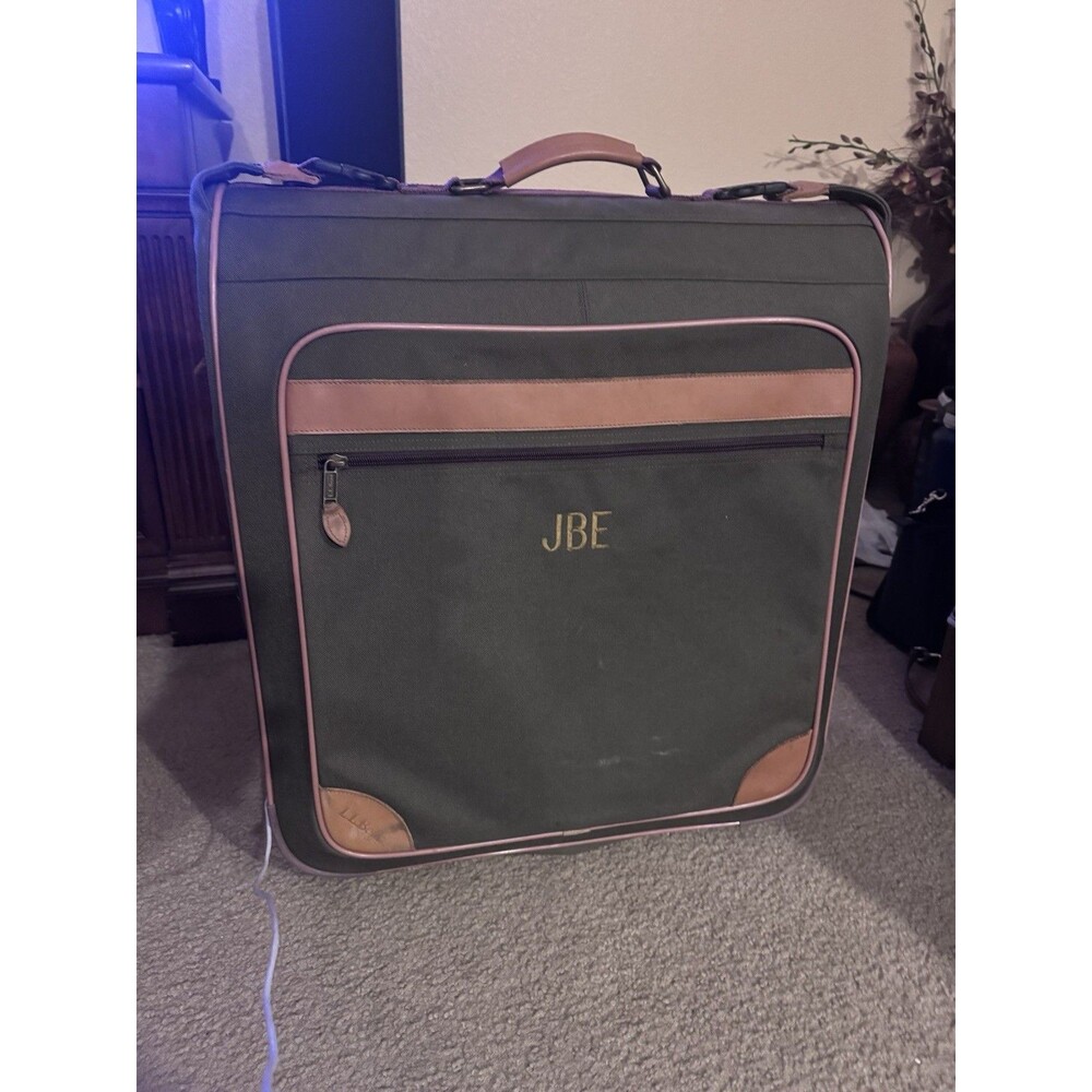 LL Bean Large Green Rolling Garment Bag Leather Trim Suitcase Bag 24" X 21"X8” - Picture 3 of 13